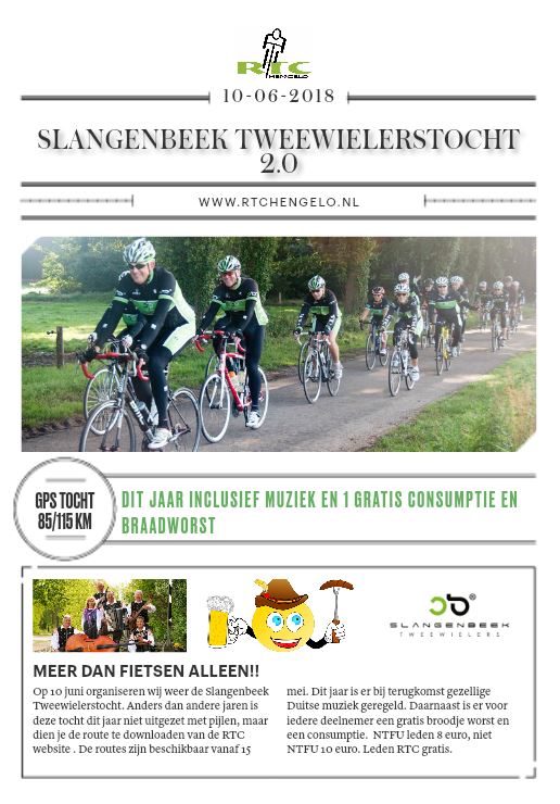 Op 10 juni organiseren wij de <a href="/SB2wielers/">slangenbeek2wielers</a> toertocht "EXTRA". Dit jaar hebben wij, naast het fietsen, ook een gezellige samenzijn bij BWO georganiseerd. Meer informatie vind je op onze website tinyurl.com/yca8wusb  <a href="/Oberkrainer/">DieNeuenOberkrainer</a> <a href="/HengeloJournaal/">Hengelo Journaal</a> <a href="/hengeloweekblad/">Hengelo's Weekblad</a> <a href="/NTFU/">NTFU Wielersportbond</a> <a href="/rtvoost/">RTV Oost</a>