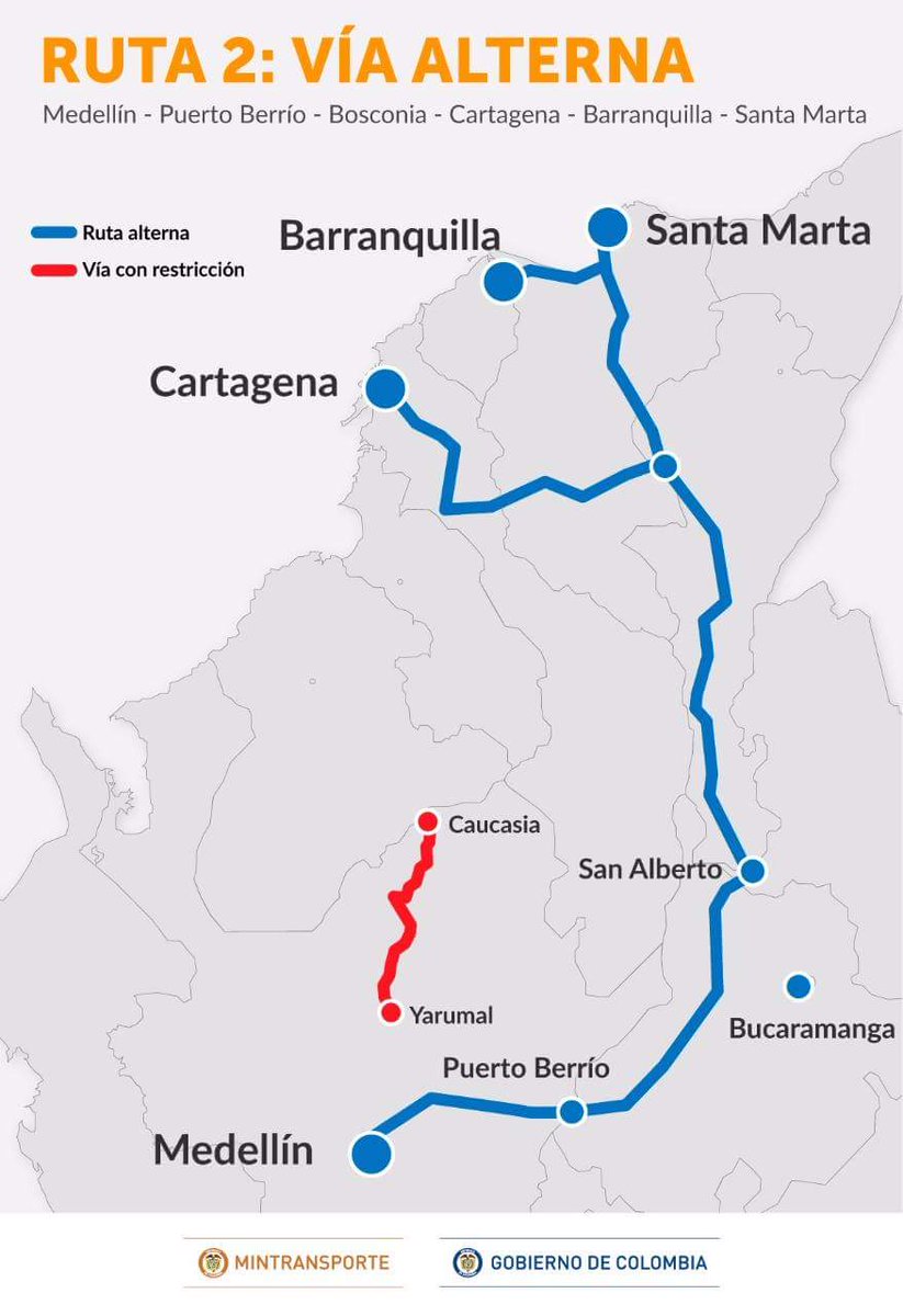ObrasAntioquia's tweet photo. #HidroituangoEsColombia | Ante el cierre preventivo en la vía Yarumal - Caucasia, recomendamos las siguientes rutas alternas: 1.Medellín - Arboletes - Montería- Sahagún - Sincelejo - Cruz del Viso – Barranquilla.
2.Medellín – Puerto Berrío – Bosconia – Cartagena – Barranquilla. https://t.co/c4238E0gvj