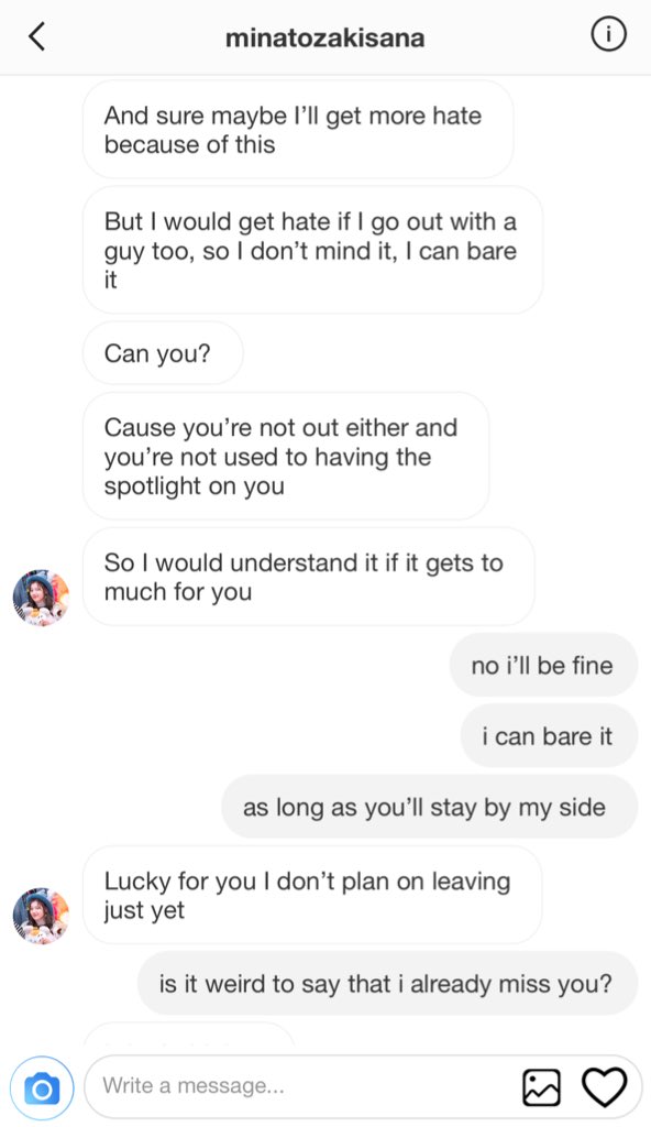 “Thank you,” Sana said with a genuine smile. “I would understand if you’re uncomfortable with the attention, I can leave you alone-““Don’t worry, I don’t mind. I like being around you.”“I like being around you too,” Sana whispered out. “Recommend me some good food from here?”