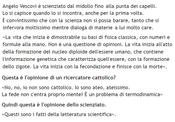 Sarti_Davide's tweet photo. Prof. Angelo Vescovi, padre della ricerca sulle staminali: "La Fede non c'entra. Io sono ATEO. Questi sono i fatti della letteratura scientifica dimostrabili con numeri e formule: LA VITA UMANA INIZIA ALLA FECONDAZIONE CON LO ZIGOTE E FINISCE CON LA MORTE"
https://t.co/2yJ7wvEQ9x https://t.co/vGqx6LQ18o