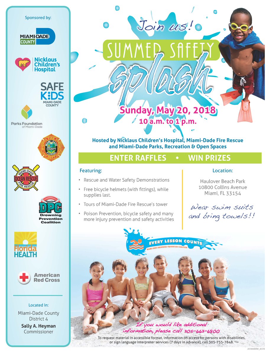 MiamiDadeFire's tweet photo. Learn about rescue and water safety for the whole family with #MDFR, @Nicklaus4Kids & @MiamiDadeParks tomorrow from 10 a.m. to 1 p.m. during Summer Safety Splash. See you there! https://t.co/uGCZlbIFnJ