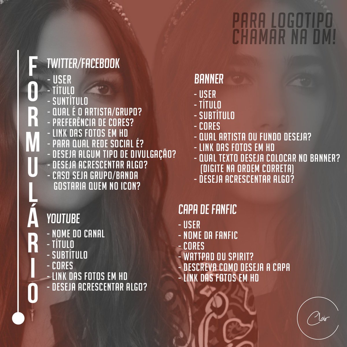 clairdsgn's tweet image. Bem-vindos ao Clair Design! 
Qualquer dúvida, acesse nosso CC: curiouscat.me/clairdsg