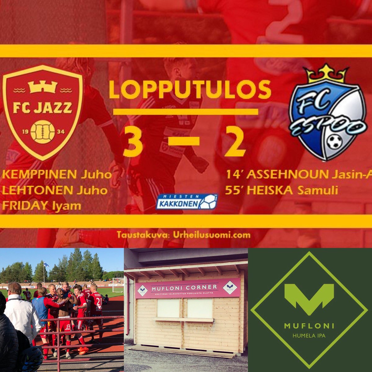 Hienoa <a href="/FC_Jazz/">FC Jazz</a>. Stadionilla hyvää olutta ja upea päätös peliin. #mufloni #olipahienopeli