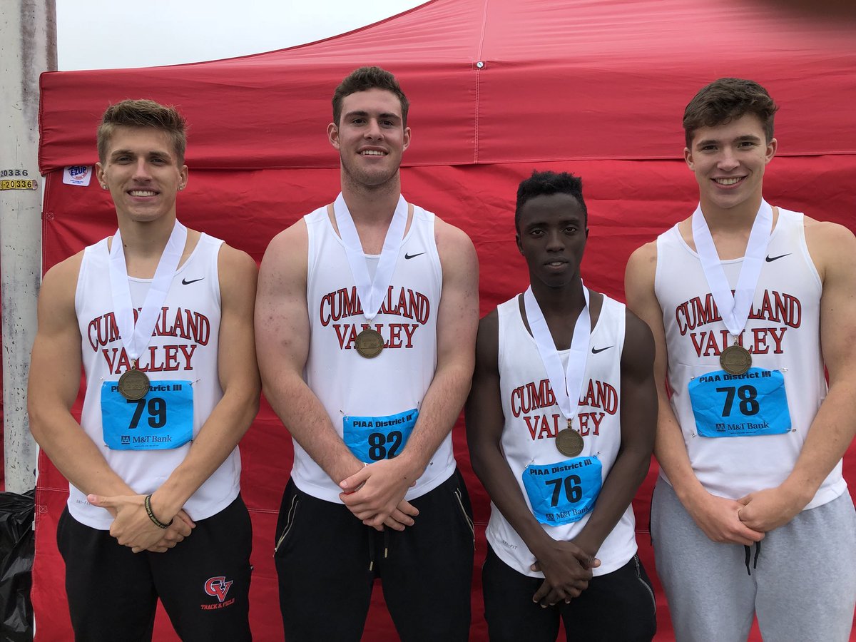 CVTrackandField's tweet photo. The boys 4x100m of Chase Ebersole, Max Dell’Anno, Charlie Katshir &amp; Humphrey Betram ran 43.42 for 3rd at the District Championship. They have also qualified for the State Championship next week. https://t.co/bSWwUU0TOX