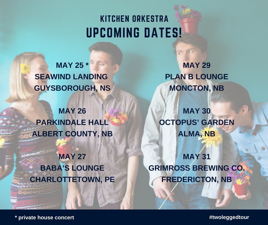 KitchenOrkestra's tweet photo. In ONE WEEK we play our first show "Out East"! 🎻🎶👉
😀
#kitchenorkestra #twoleggedtour #folkmusic #violin #mandolin #uprightbass #cajon #EastCoast #tour #ontheroad #parkindalehall @BabasLounge @planbmoncton @GrimrossBrewing @rootstsoulpromo @buzzmoncton @CharlottetownPE https://t.co/QIkcAMDIga