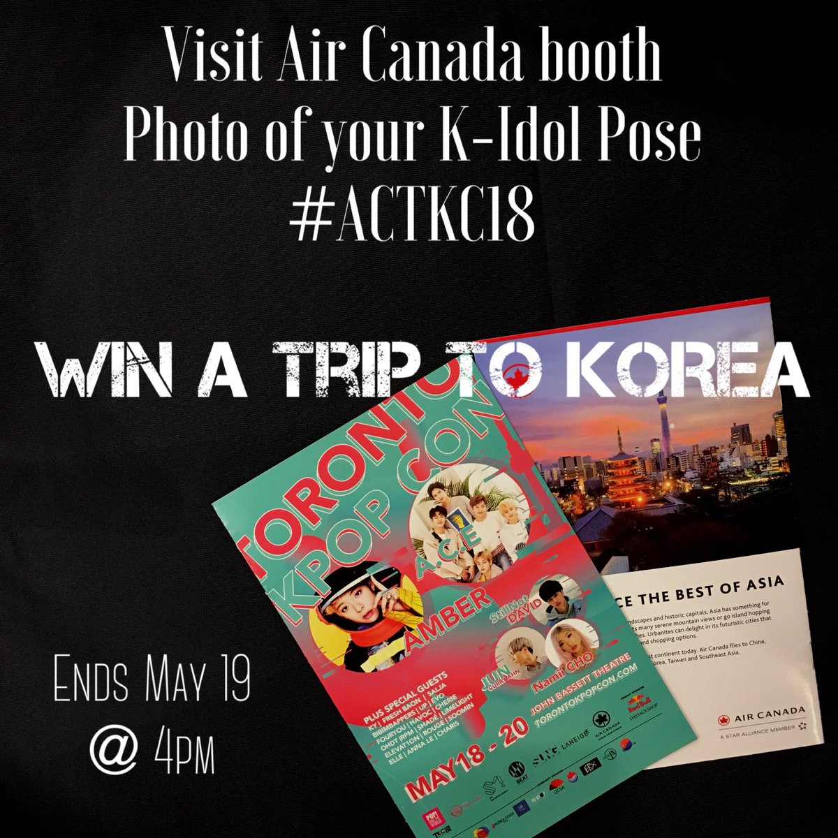 mashashimoto's tweet photo. One hour left for your chance to take a photo at our booth @torontokpopcon to #win a trip to #Korea on @AirCanada. @p0pgoesthew0rld #actkc18 #FlyTheFlag https://t.co/jGlsPNtX5U