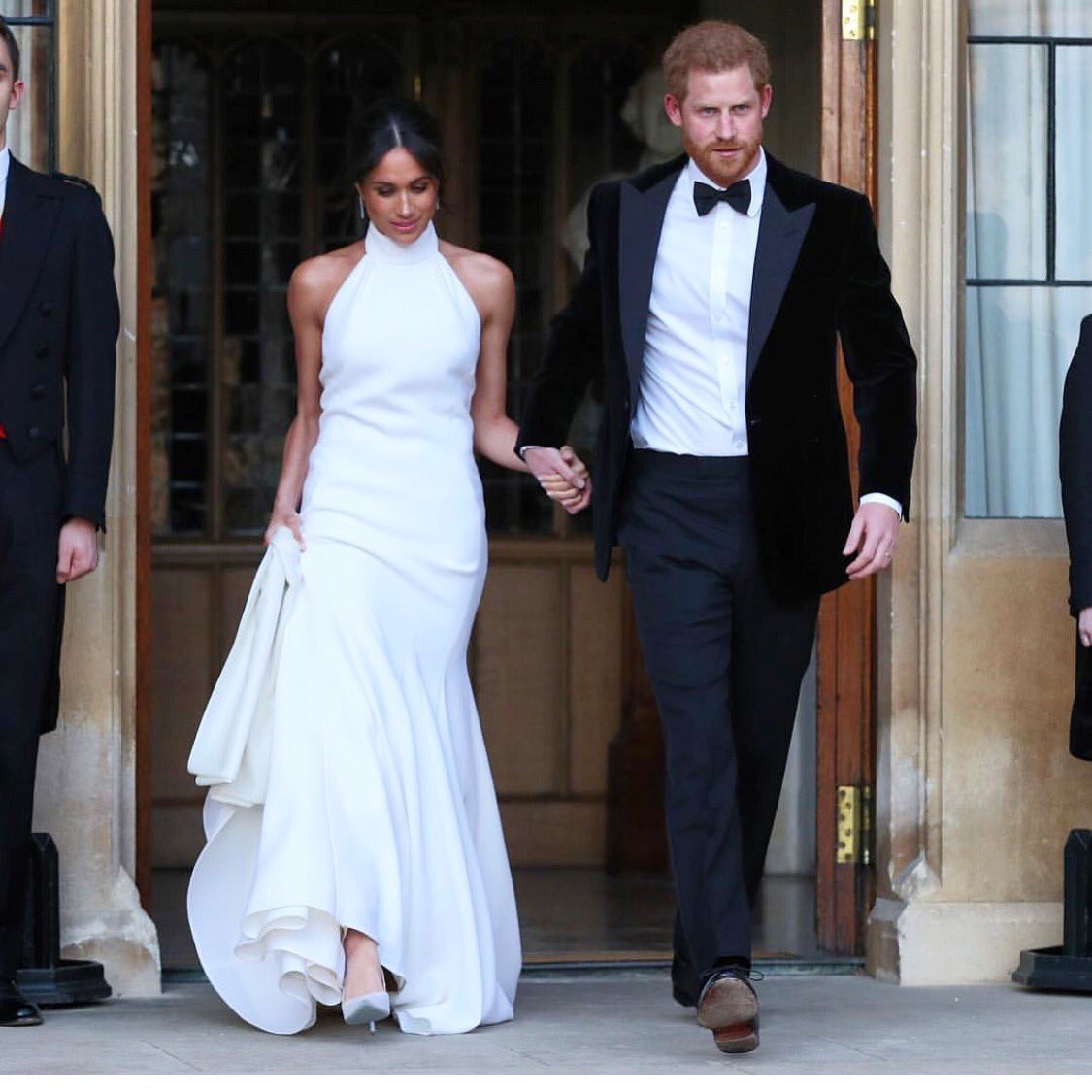 Missguided's tweet photo. Meghan stuns again ⭐️⭐️⭐️ Stepping out for their reception in this AMAZING @StellaMcCartney gown 😍😍😍 #RoyalWedding https://t.co/NWuCyzqBnb