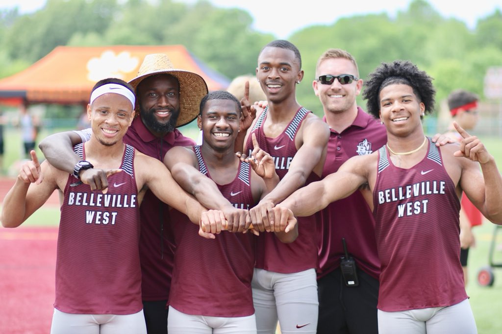 pntrack's tweet photo. Congrats Patton Segraves and @BWTFXC (Belleville West) 4x1, 41.80 (seed time 42.79). Ironically, BW is now IL #3, bumping us to IL #4. https://t.co/6hM0gPIQqF
