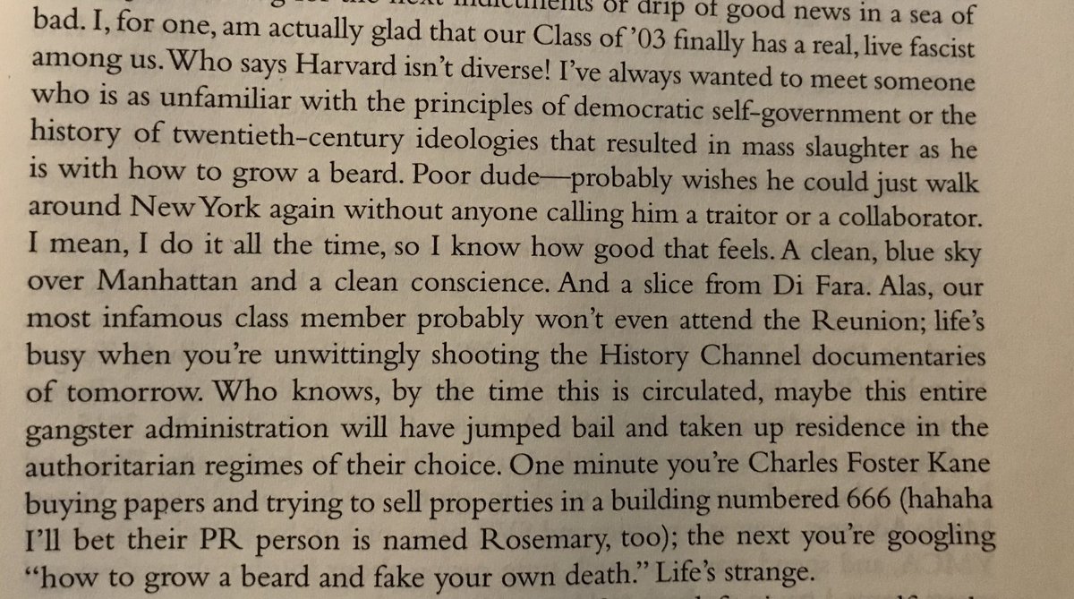 Another one of Jared Kushner’s college classmates in the 15th Anniversary Report: “I, for one, am actually glad that our Class of ‘03 finally has a real, live fascist among us. Who says Harvard isn’t diverse?”... and that’s just the beginning.