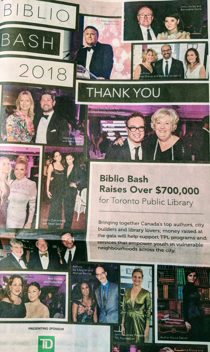 Looking good in <a href="/TorontoStar/">Toronto Star</a> with <a href="/valpicher/">Valerie Picher</a> and <a href="/MK_Van/">Marieke VandeKolk</a> at #BiblioBash raising money for <a href="/TPL_Foundation/">Toronto Public Library Foundation</a> and <a href="/torontolibrary/">Toronto Public Library</a> with <a href="/TD_Canada/">TD (Canada)</a> support. Memorable evening in great company! #ImLibraryPeople