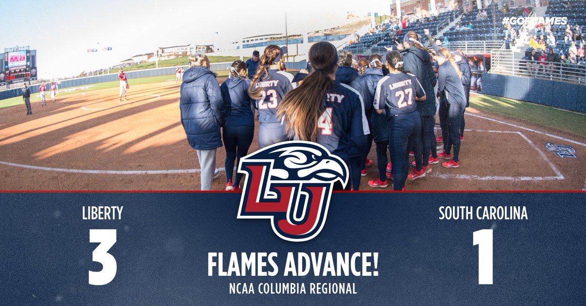 LibertySB's tweet photo. Liberty qualifies for its first-ever NCAA Regional Final, downing No.  11/10 South Carolina, 3-1! The Flames will play in the Regional final tomorrow at 4 p.m., opponent TBD. Liberty's current 19-game winning  streak is the longest active win streak in NCAA Division I softball! https://t.co/pqT5nr18OW