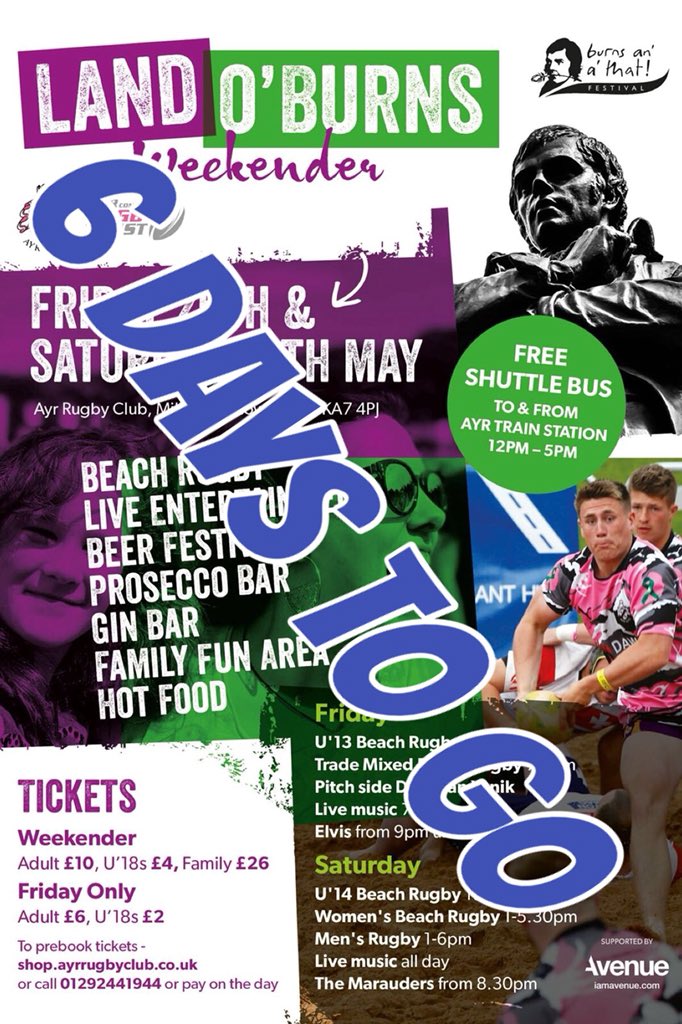 ⭐️6 DAYS TO GO⭐️

This time next week you could be dancing to the sounds of Ayrshire’s very own popular band The Marauders!
We think this band will have something to please everyone. 
It’s going to be a great closing party! 🎉💃🕺🎉
🎟available online
shop.ayrrugbyclub.co.uk/events/