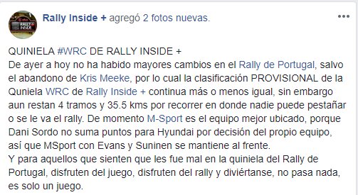 QUINIELA #WRC DE RALLY INSIDE +
De ayer a hoy no ha habido mayores cambios en el #RallydePortugal, salvo el abandono de Kris Meeke, por lo cual la clasificación PROVISIONAL de la Quniela WRC de Rally Inside + continua más o menos igual.