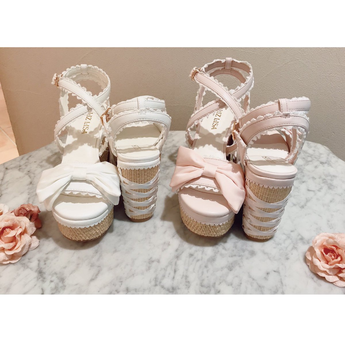 LIZ LISA バラ付きサンダル ウェッジソール 編み上げリボン ホワイト M LIZ LISA on X