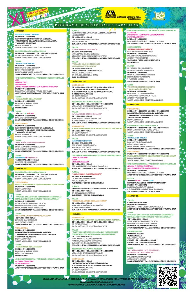 fcienciasuami's tweet photo. ¡Estamos listos! Les recordamos los temas de módulos interactivos y actividades paralelas😉 XI #FeriaCienciasUAMI #FCyH #UAM-I #ODCyH 😄 https://t.co/7jmVHBBg1f