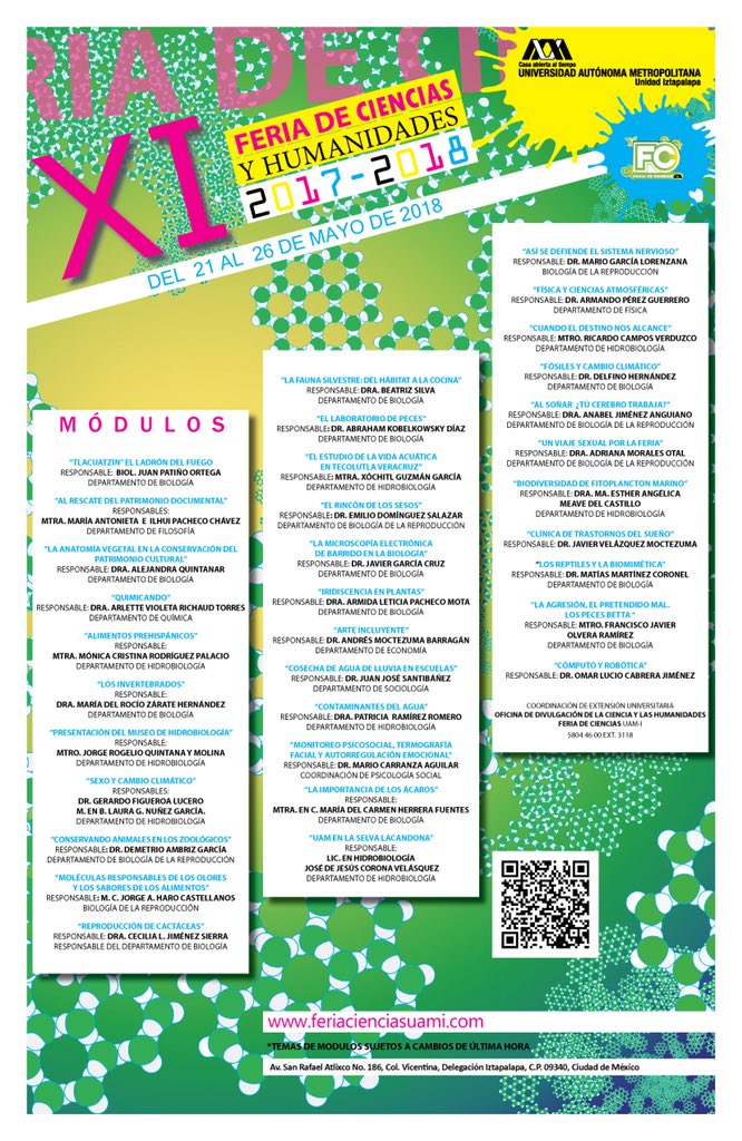 fcienciasuami's tweet photo. ¡Estamos listos! Les recordamos los temas de módulos interactivos y actividades paralelas😉 XI #FeriaCienciasUAMI #FCyH #UAM-I #ODCyH 😄 https://t.co/7jmVHBBg1f