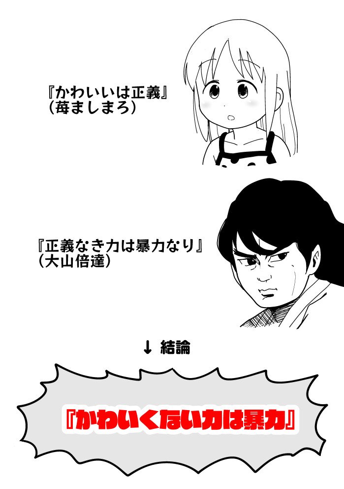 奇々浦ヌル夫 ただし かわいいは正義 という主張を かわいい と 正義 は同じ概念である という主張であると解釈するならば かわいくない力は暴力である と結論するのは正しい論証となります リンク先の記事の 同値である場合 に相当します 奇々浦ヌル夫 ただし かわいいは正義 という主張を かわいい と 正義 は同じ概念である という主張であると解釈するならば かわいくない力は暴力である と結論するのは正しい論証となります リンク先の記事の 同値である場合 に相当します