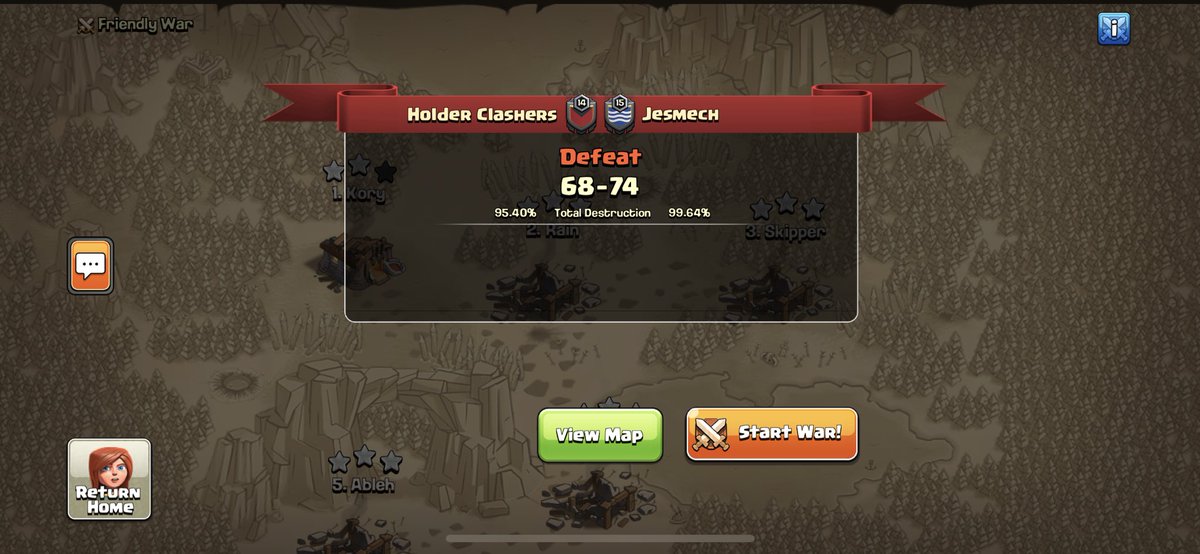 Heart breaking first round playoff loss to Jesmech. We had 94%, 97% and 99% 10v10s which would have made it closer but we still would have lost. These guys are truly beast well played and thanks for a good war guys 🍍<a href="/jesmechclash/">Jesmech</a>
