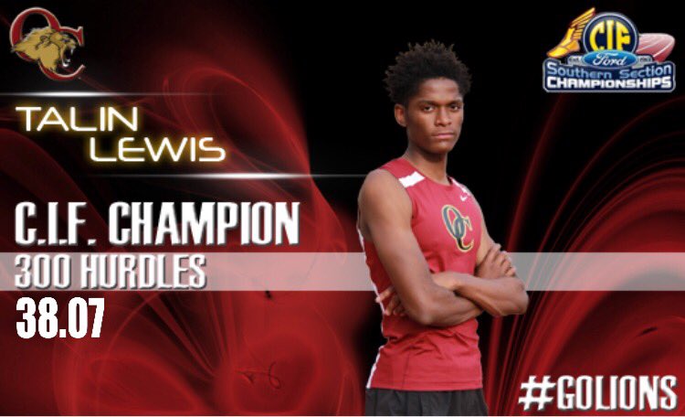 OaksChrstnLions's tweet photo. Taking home his second CIF title on the day, Talin Lewis wins the 300 Hurdles at the @CIFSS Divisional Track &amp; Field Finals in a blistering time of 38.07!  That’s 10 HUGE points for the Lions! #GoLions #LionsPride #HearUsRoar https://t.co/tDb3gkoqZf