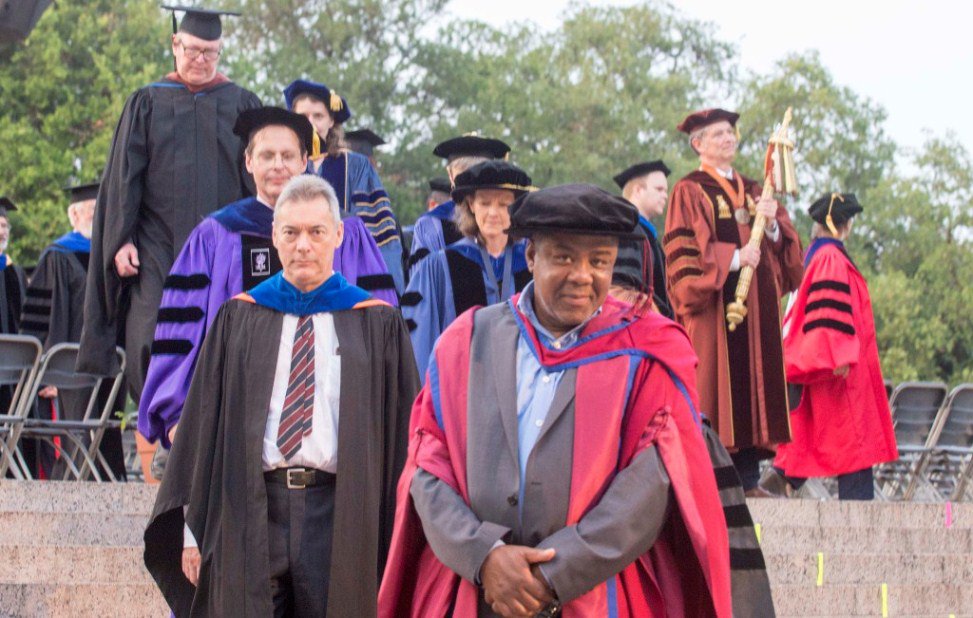 JimNicar's tweet image. If you're watching @UTAustin's Spring Commencmement, you'll see the faculty decked out in the graduation robes they wore for their Ph.D. degrees. The robes will be the colors of their Alma Maters. #UTGrad18