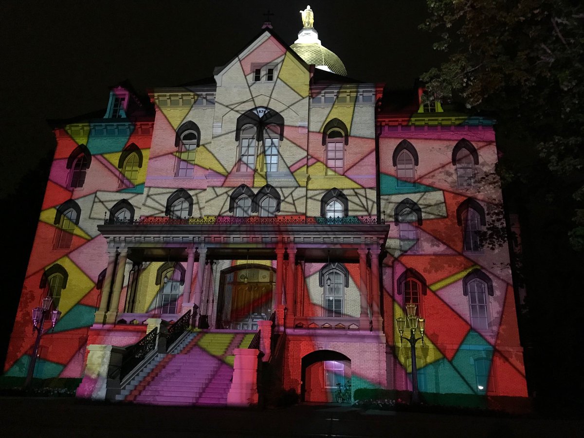 “Stained glass” image of <a href="/NDMainBuilding/">Main Building</a> at #NotreDame during tonight’s premier of #UndertheDome 3D projection video.