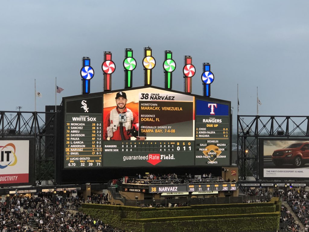A general interior view of Guaranteed Rate Field scoreboard before