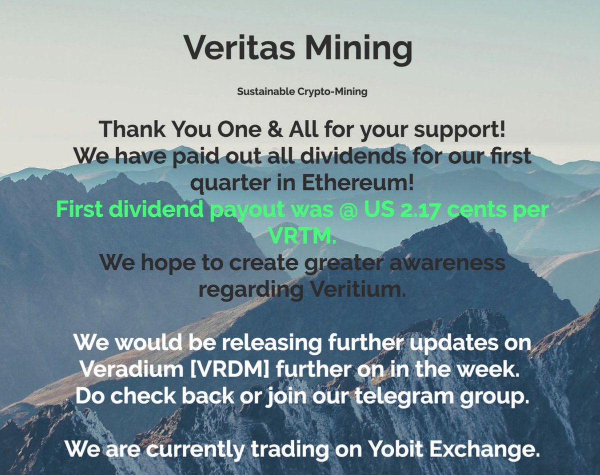 VeritasMiningCo's tweet photo. #VRTM now traded on Yobit We just paid out our dividends for our first quarter in @ethereum. For more information, visit us @ https://t.co/zBhGfYUikN or join us on telegram here 👉 https://t.co/bocAELv8aR https://t.co/MlXyCuTv3Q