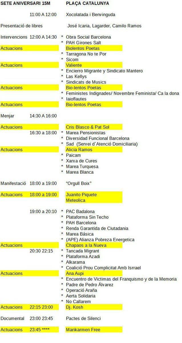 Aqui teniu els horaris per blocs dels col·lectius que participen avui 20 de maig a la #Acampada15M - #PrenemLesPlaces a més comptarem amb Projeccions, artistes musicals, art, presentació de llibres.

Porta la teva tenda de campanya!