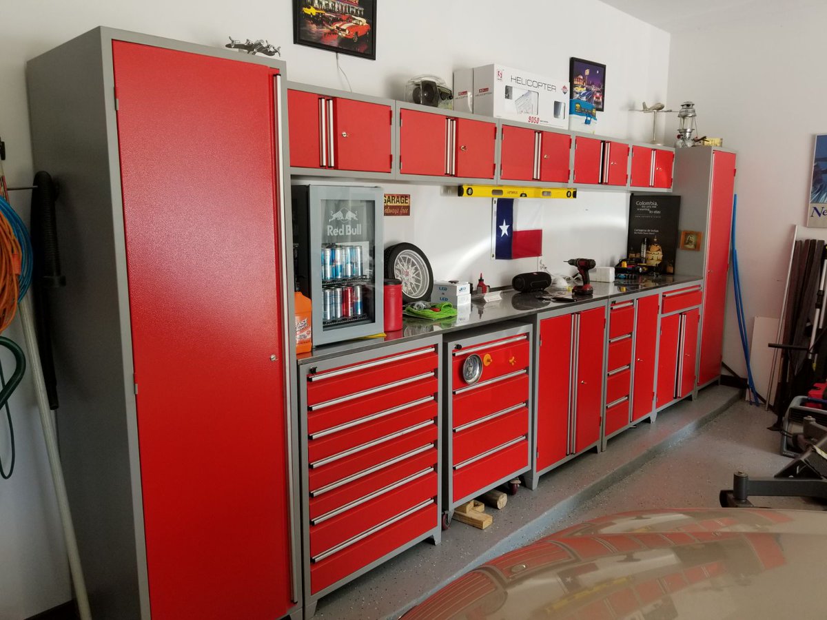 Red color garage cabinets