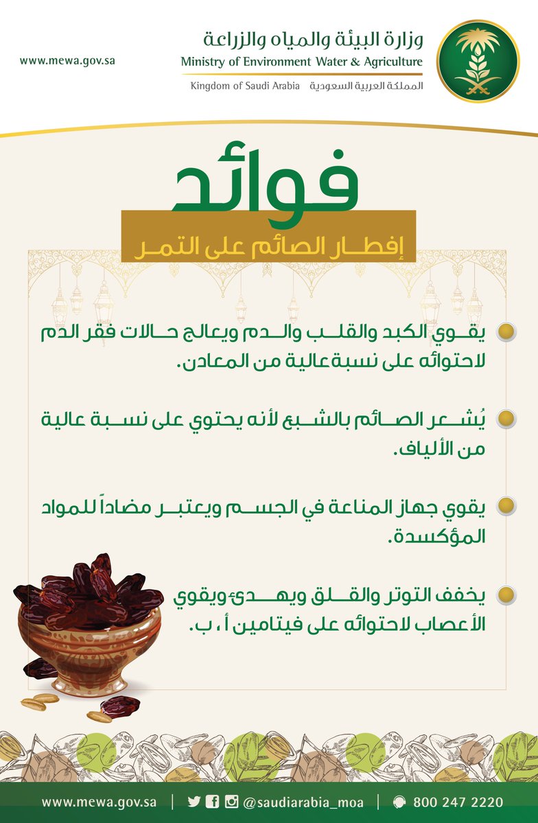MEWA_KSA's tweet photo. قال عليه الصلاة والسلام: (إذا أفطَرَ أحَدُكم، فليُفطِرْ علَى تَمرٍ فإنَّهُ بَرَكَةٌ، فإنْ لم يَجِد تَمرًا، فالماءُ فإنَّهُ طَهورٌ) 

وهنا نذكر بعضاً من فوائد إفطار الصائم على التمر https://t.co/GH57ouV6r8
