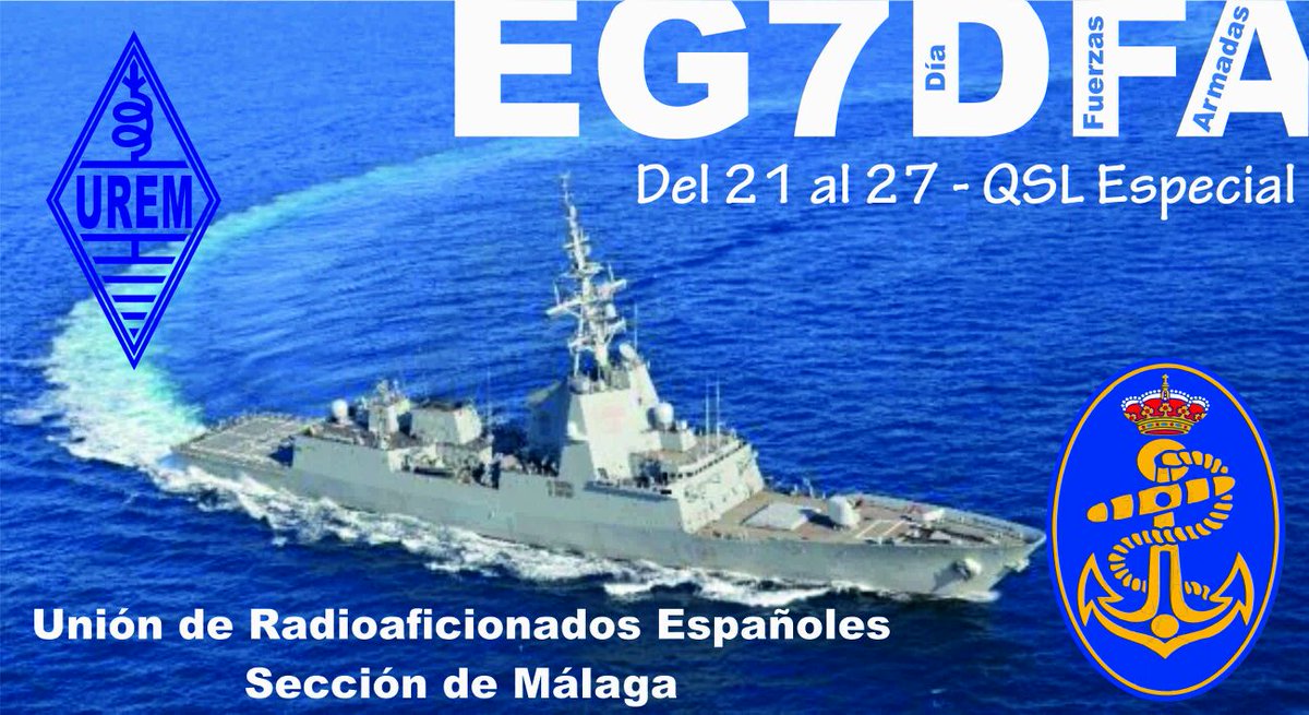 uremalaga's tweet photo. #Bueno #Dias desde @uremalaga  queremos recordar que desde el #lunes 21 al #domingo 27 estaremos celebrando el Día de las @fuerzas @Armada_esp.
Transmitiendo  al #mundo el indicativo especial  EG7DFA.
+info en  https://t.co/RRvLWMoDaJ
Puede haber sorpresas ..... #Malaga https://t.co/OJxRTw7zpH
