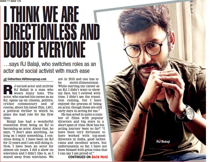 v4cinema's tweet photo. I Think We Are Directionless And Doubt Everyone !  I Have Always Wanted To Be Likeable : @RJ_Balaji -TOI #LKG 👍 https://t.co/0oiO92gXVP