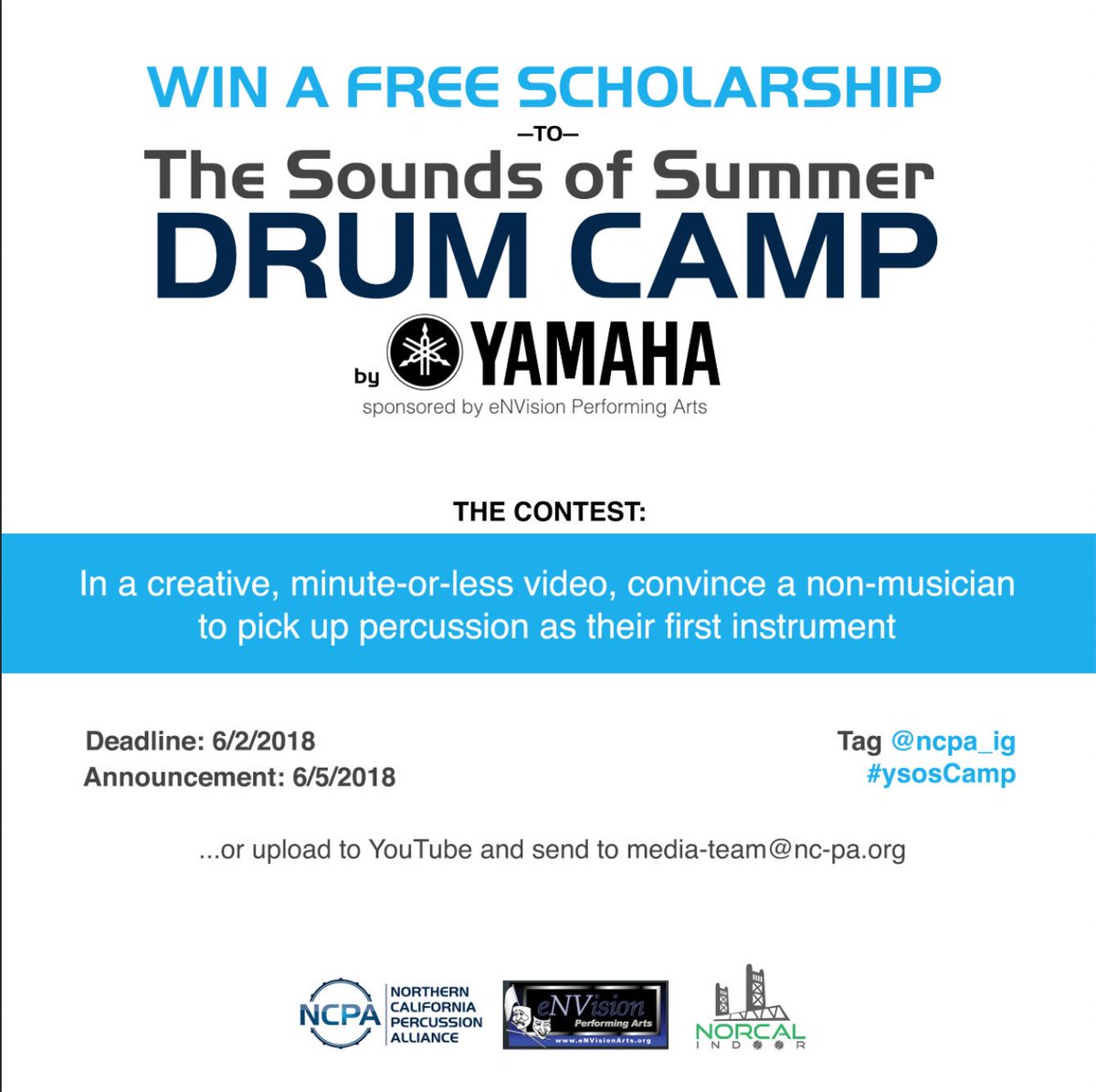 NCPAinfo's tweet photo. CONTEST ANNOUNCEMENT! 

Win a 3-Day scholarship to Yamaha’s Sounds of Summer Drum Camp!

See more here: https://t.co/j6hhKBUPO0 https://t.co/8jMuxTMOvN