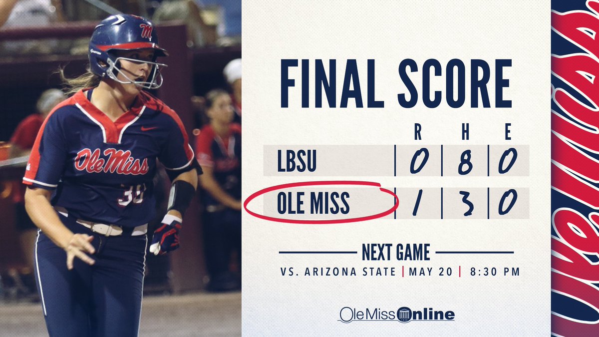 OleMissSoftball's tweet photo. FINAL | SURVIVE. AND. ADVANCE! The Rebels are going to the Regional Championship!

Ole Miss will play Arizona State tomorrow. 2 wins over the Sun Devils will send the Rebs to Supers! https://t.co/wMmJ0eVboh