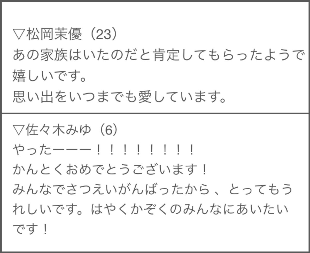 O Xrhsths み つ は Sto Twitter 茉優ちゃんのコメントやっぱり好きだな 最近だと 結びのパンフレットの卒アルみたいなページの言葉とか こんな言葉が出てくるのが凄いなあ みゆちゃんはただひたすら可愛い 笑 全部ひらがなで可愛すぎる 万引き家族