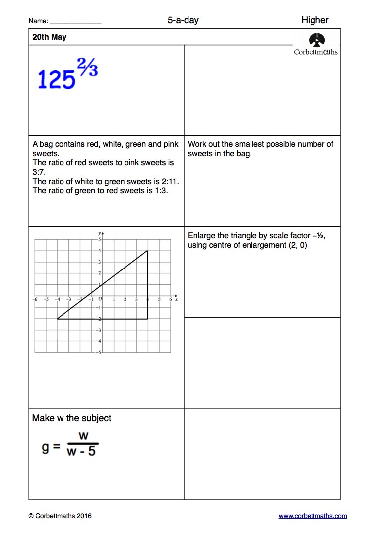 Corbettmaths's tweet photo. Studying for Higher GCSE Maths? Try today's Foundation Plus, Higher &amp; challenging Higher Plus #corbett5aday #maths5aday answers: https://t.co/YcG5n8BeJP … https://t.co/aNVkVNKqK6