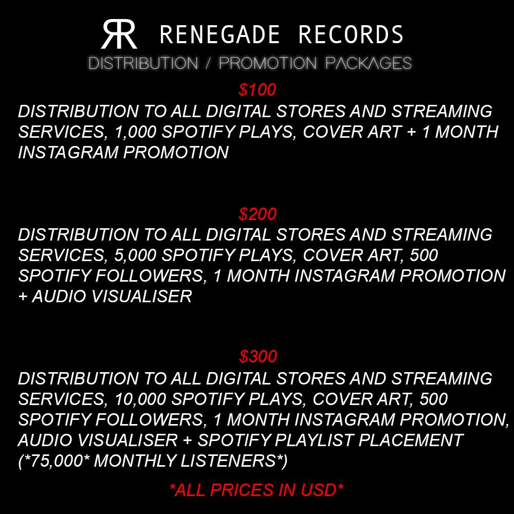 RenegadeRecsAUS's tweet photo. Are you a musician that needs some help distributing / promoting your music? 
I’ve put together 3 packages to suit your needs. 
I did this due to a high volume of emails and dms from artists that want to be signed to my Record Label but I currently have a full artist roster. https://t.co/4mwmVzyL1T