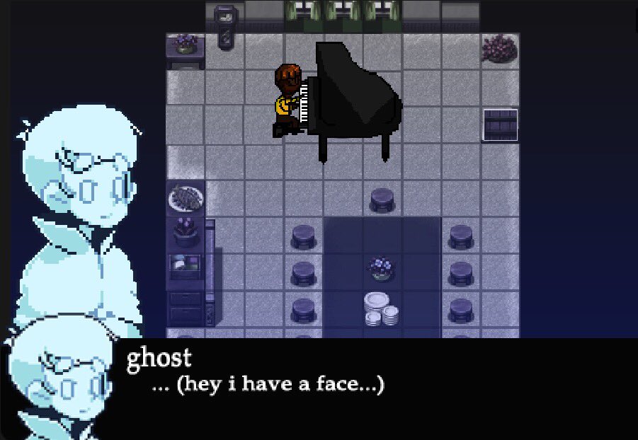Super late for #screenshotsaturday but I was going over files and found a mockup I did. Most definitely official line from Ghost lol

Ghost sprite by <a href="/DanieruArt/">Dan</a> 
George/Piano by <a href="/anairis_q/">Anairis Q</a> 

#pixelart #IndieGameDev #screenshotsunday #rpgmaker