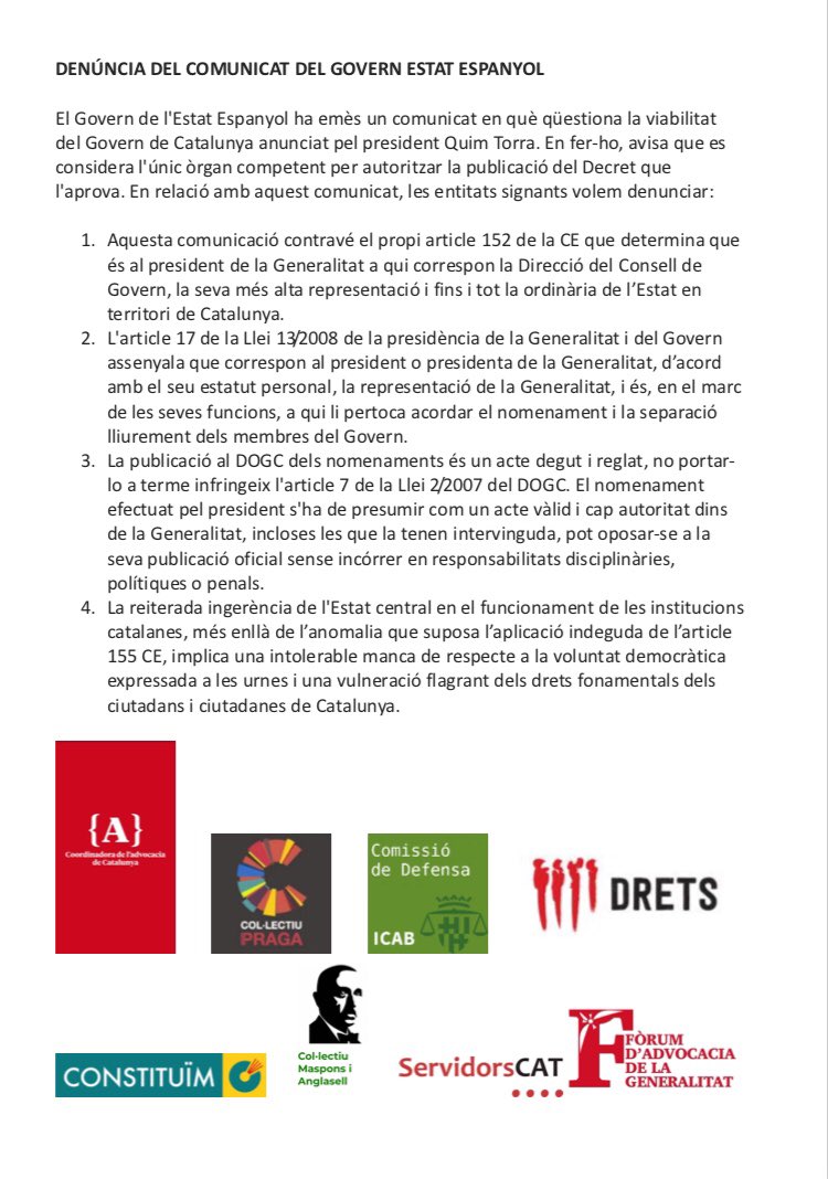 AdvoCATsPerCAT's tweet photo. ‼️LES PRINCIPALS ENTITATS D JURISTES DL PAÍS DENUNCIEM VULNERACIÓ D LA LEGALITAT X PART L’ESTAT ESPANYOL AMB EL SEGÜENT COMUNICAT CONJUNT‼️ https://t.co/tdt2116qMq