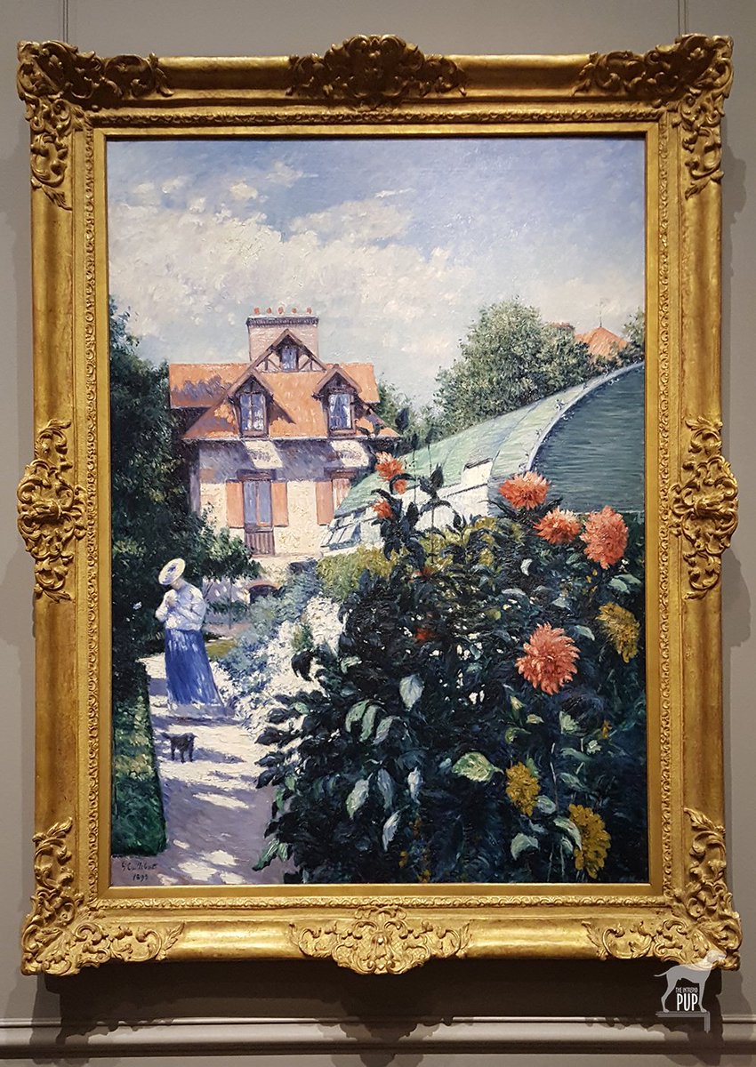 🎨🐕A timeless #ArtfulPup: strolling through the #garden with your #dog. This one happens to be in Gustave Caillebotte's 1893 painting, 'Dahlias: Garden at Petit Gennevillliers,' and it's on view @ngadc. Does your dog like to smell flowers? 🌺