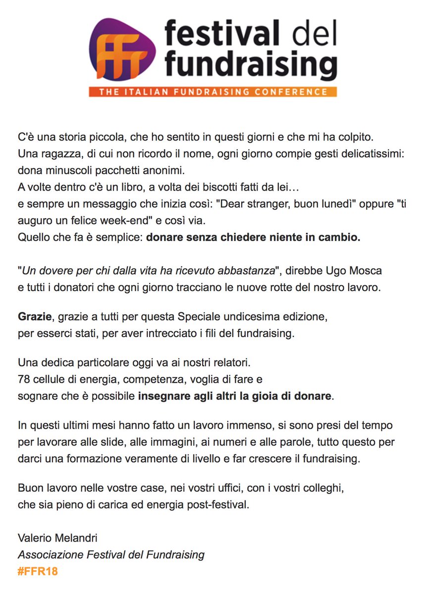 Le parole di <a href="/valeriomelandri/">Valerio Melandri</a> per tutti i #Fundraiser

Grazie!

#ffr18 <a href="/fundraisingfest/">Festival del Fundraising</a>