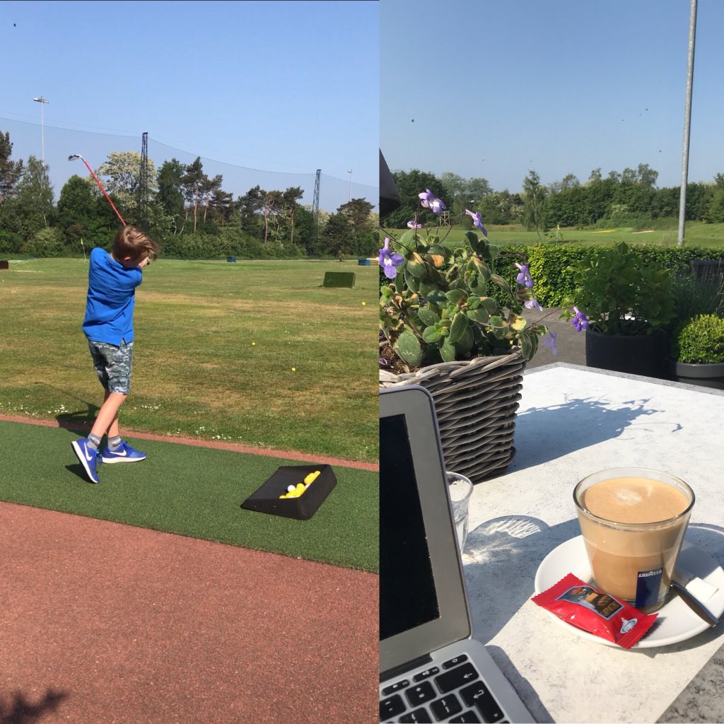 RunWriteRach's tweet image. This morning’s writing location somewhat hazardous with the sound of thwacking balls inches away but so long as he doesn’t fire a backwards shot my #koffieverkeerd and screen should be smash-free. #freelancewriter #sundayvibes #golfmum #fore