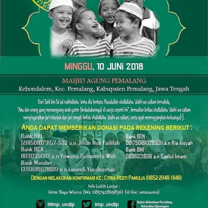 #4 🙏RAMADHAN BERBAGI🙏

Bagi yg mau transfer langsung:

Bank BNI : 0536321606
Atas nama: Saeful Imam Muttaqin

Bank Mandiri: 1390016028619
Atas nama: Lieondi Yusdeantnus

Bank BTN: 0017501610285011
Atas nama: Ria Aisyah

Bank BCA :
8030350112
Atas nama :yowana osinamita