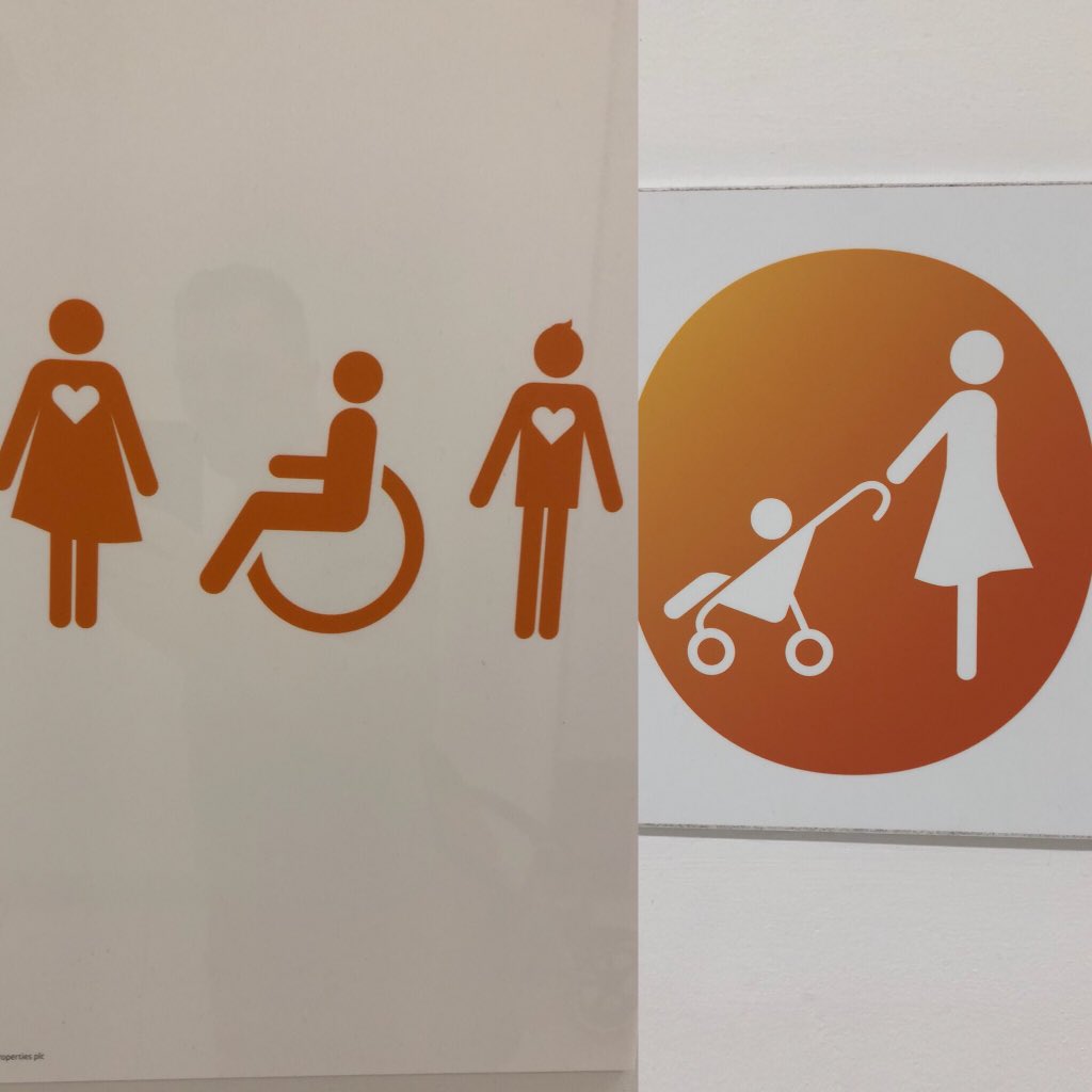 LostinNewYork's tweet photo. @intuwatford While I love the inclusive disabled toilet signage, the babychange is sexist. As a single dad this doesn’t work. It makes dad’s with kids feel unwelcome to change kids there. https://t.co/dRjmOsxjRu