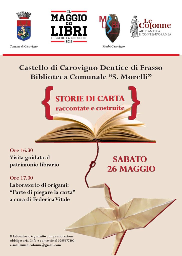 Musbicarovigno's tweet photo. Vi aspettiamo per un pomeriggio alla scoperta del #patrimonio librario e dell’arte degli origami! 

Per prenotazioni: 
📧 musbicolonne@gmail.com 
☎️ 3285677300 

#carovigno #bibliotecacarovigno #origami #laboratorio https://t.co/Xa4mt8t4gn