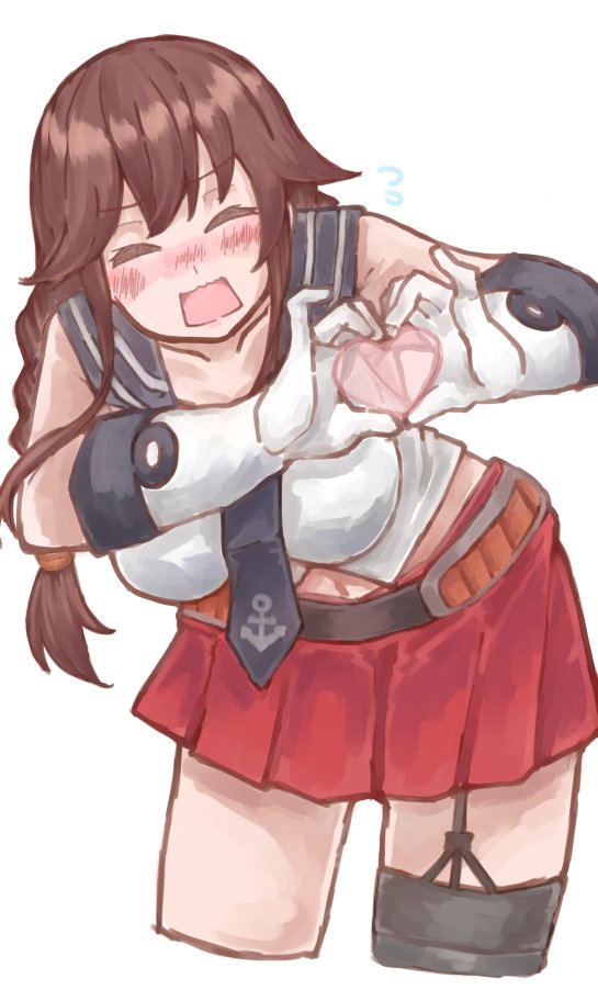 noshiro (kancolle) 1girl solo skirt gloves brown hair heart hands braid  illustration images