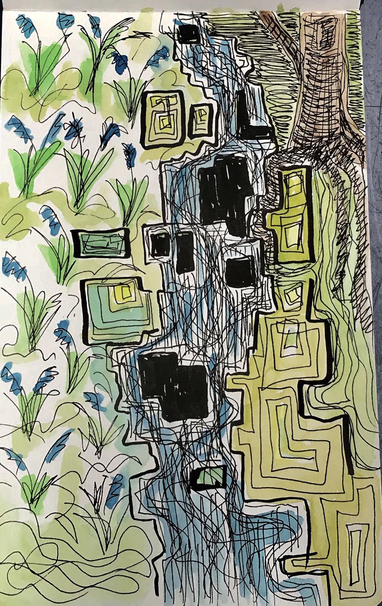 #day26of30 #fillasketchbook #penandink #cubism gone slightly cubist on this sketch waterfall with bluebells