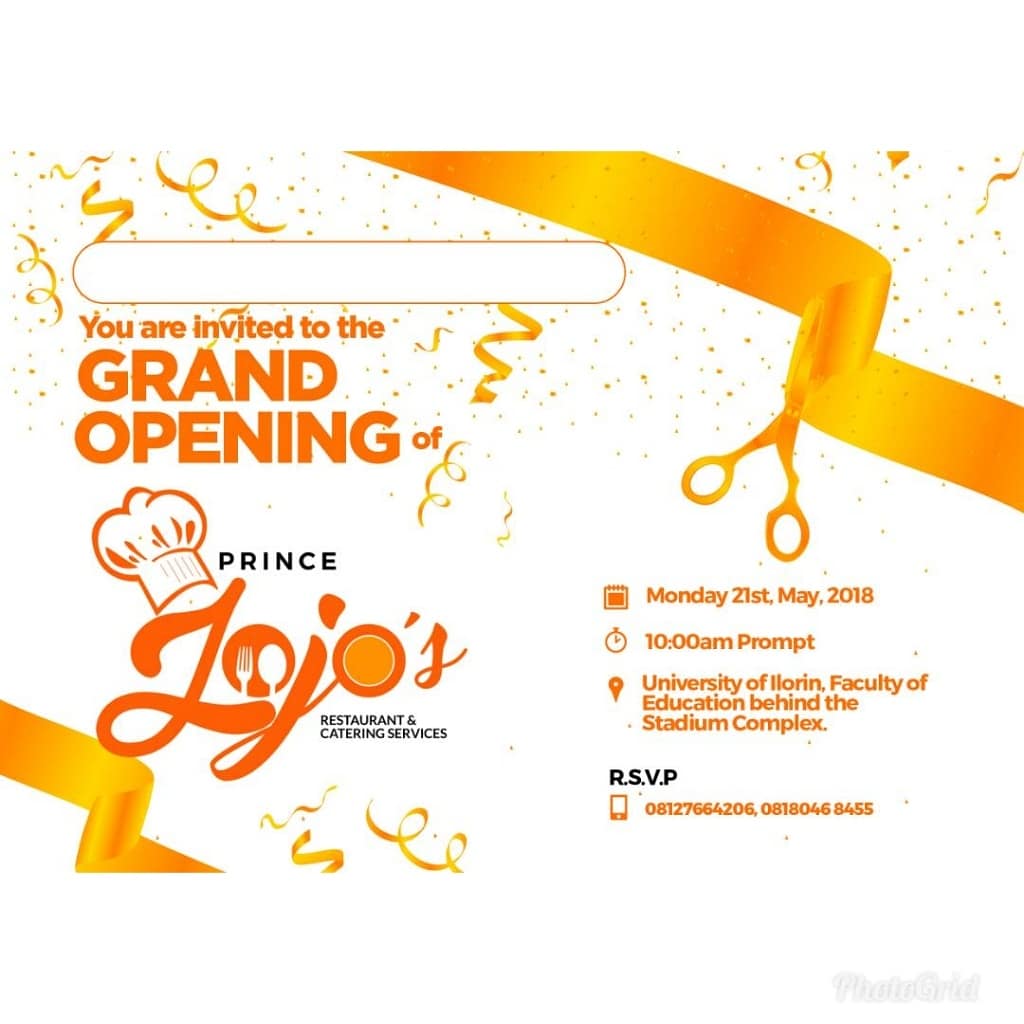 PrinceJojosRes's tweet photo. Hello Ilorin city, be our guest 2moro 10 am @unilorin, let's host y'all foodies to the best of flavours, food and fun with family &amp; friends 🍱🍮🍩🍰🍹😉
.
.
.
#GoodMealsServedRight #May21st #Restaurant #CateringServices #MonToSun #HomeAndOfficeDeliveries #PrinceJojosRestaurant https://t.co/hqPeizjfcR