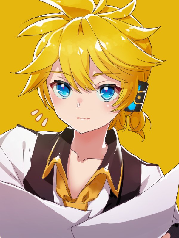 kagamine len male focus yellow necktie 1boy blonde hair holding paper necktie short ponytail  illustration images