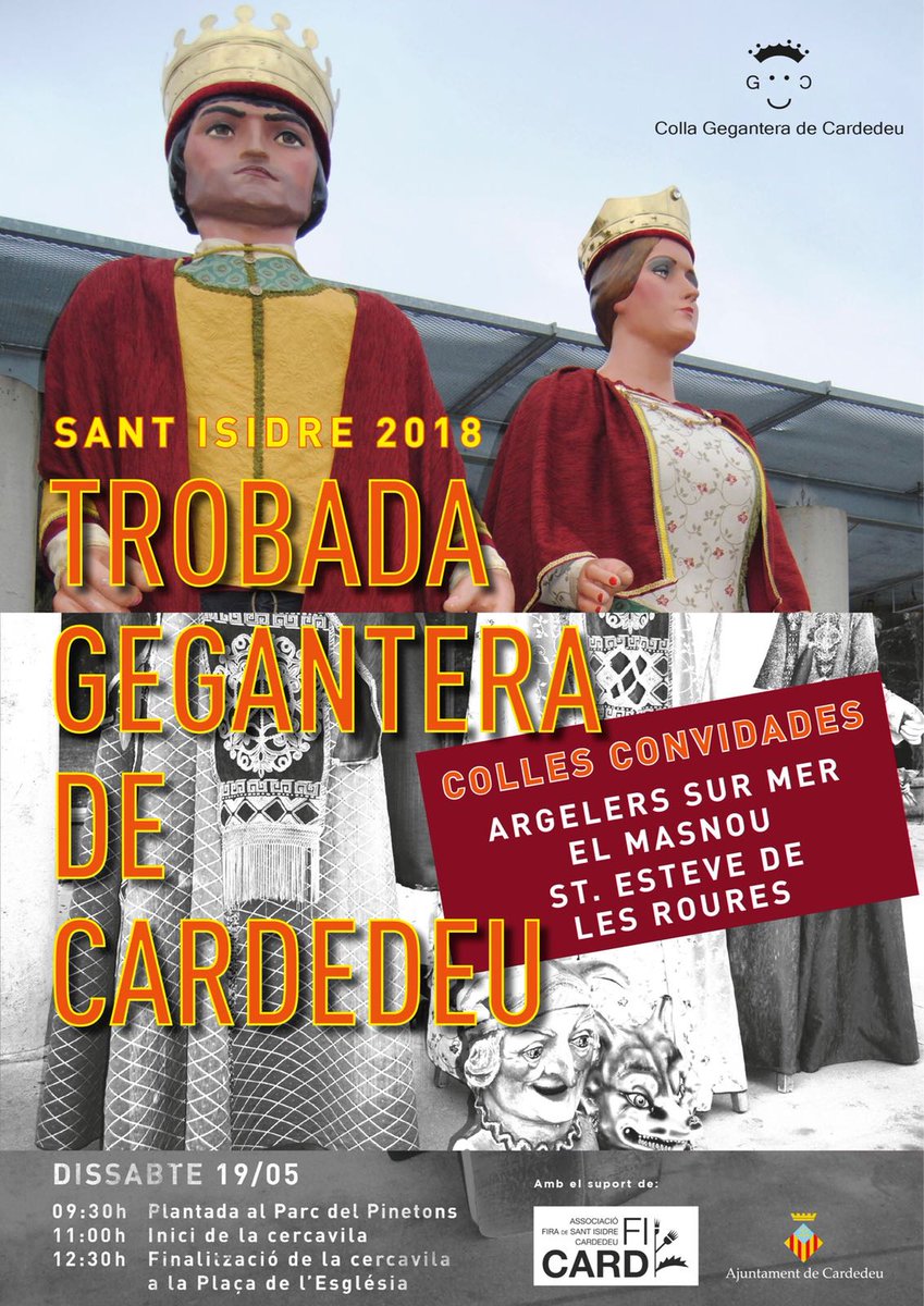 La colla de <a href="/Gegants_SER/">Gegants Sant Esteve de les Roures</a> són avui a #Cardedeu convidats per la colla de Gegants de Cardedeu, junt amb <a href="/gegantsmasnou/">Gegants del Masnou</a> i la colla d'#ArgelerssurMer. Benvinguts, amics!